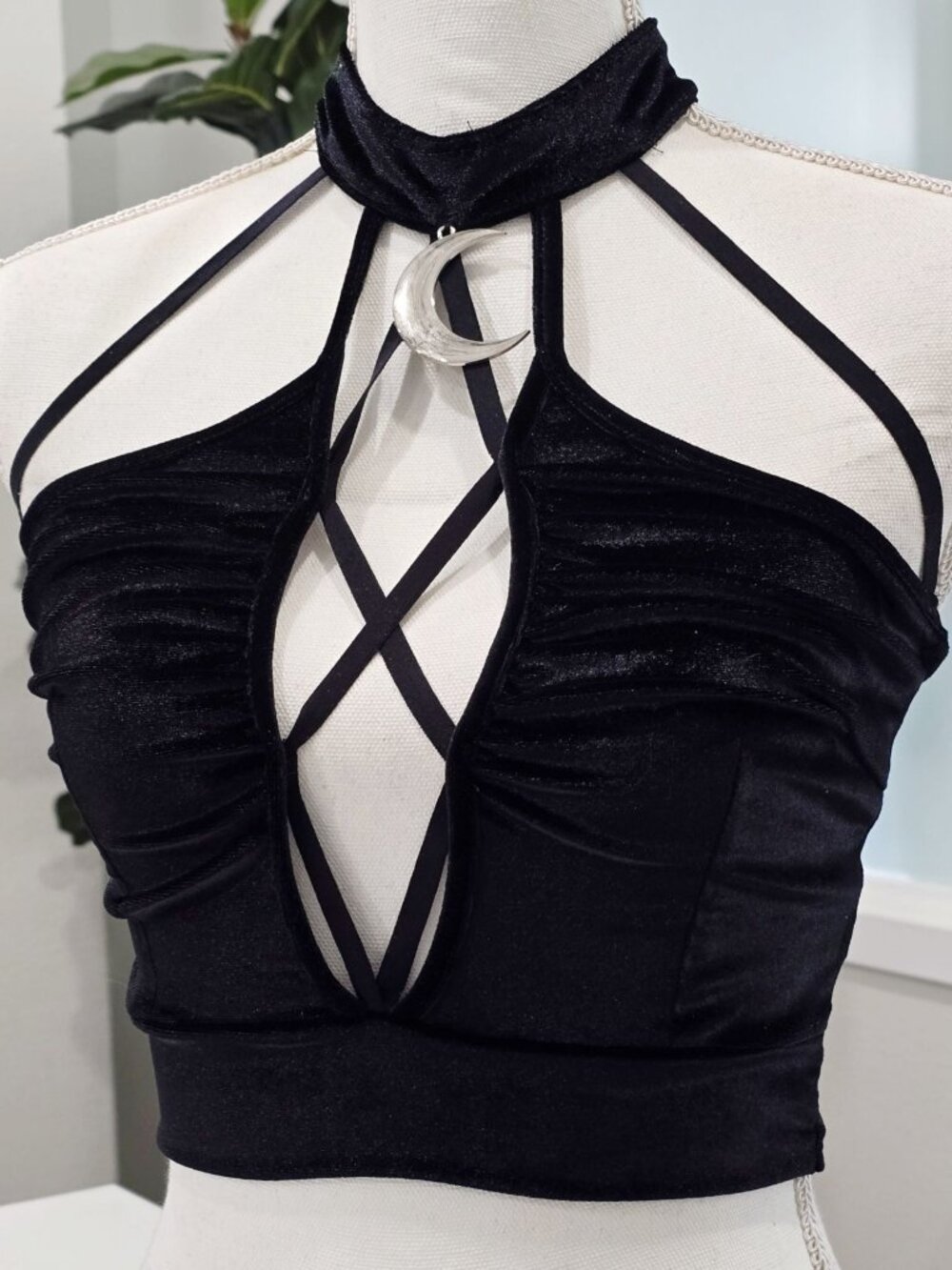 Velvet Halter Crop Top ✦ Gothic Black Strappy Deep‑Plunge ✦ Crescent Moon M NWT - Picture 9 of 10